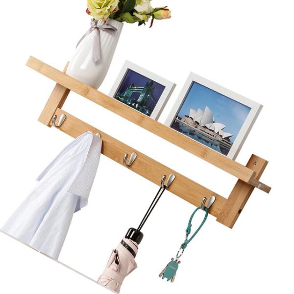 5 Hook Wall-Mounted Bamboo Coat Hook with Upper Storage Shelf Natural and Eco