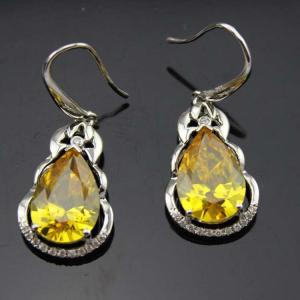 925 Silver Pear Shaped Yellow Citrine Cubic Zirconia Dangle Drop Earrings