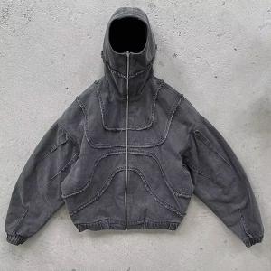 China Custom Washed Denim Hoodie Jacket Reverse Stitch Face Masked Ninja Zip Up Hoodie on sale