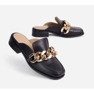 JBSL19 BLACK Womens Soft Bottom Slippers Smooth Leather With Big Chain