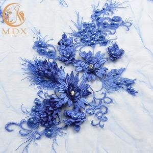 Buy cheap MDX Royal Blue Lace Fabric / Beaded Bridal Lace Intricate Design from wholesalers