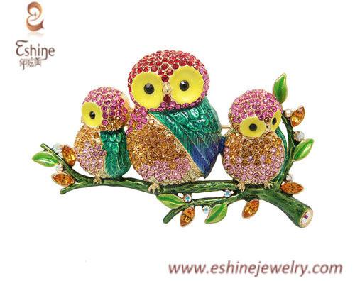Quality Brass brooch by Sweet & cute Owl family sitting on tree with multi color crystals glued on for sale