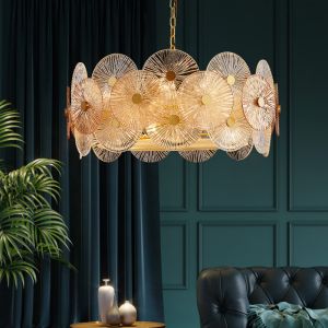 Post Modern Round Metal Led Pendant Lights Glass Lotus Leave Chandelier(WH-MI