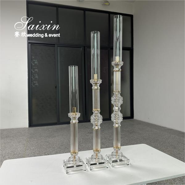 Factory Wholesale 3 Pcs Tall Set Crystal With Gold Metal Candlestick For Wedding