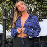Buy cheap Stylish Plaid Sexy Women Button Up T Shirt V Neck Long Sleeve T Shirt With Low Waist from wholesalers