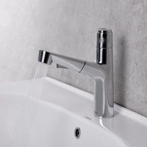 197mm Width Pull Out Bathroom Basin Faucet With Dual Function Spray