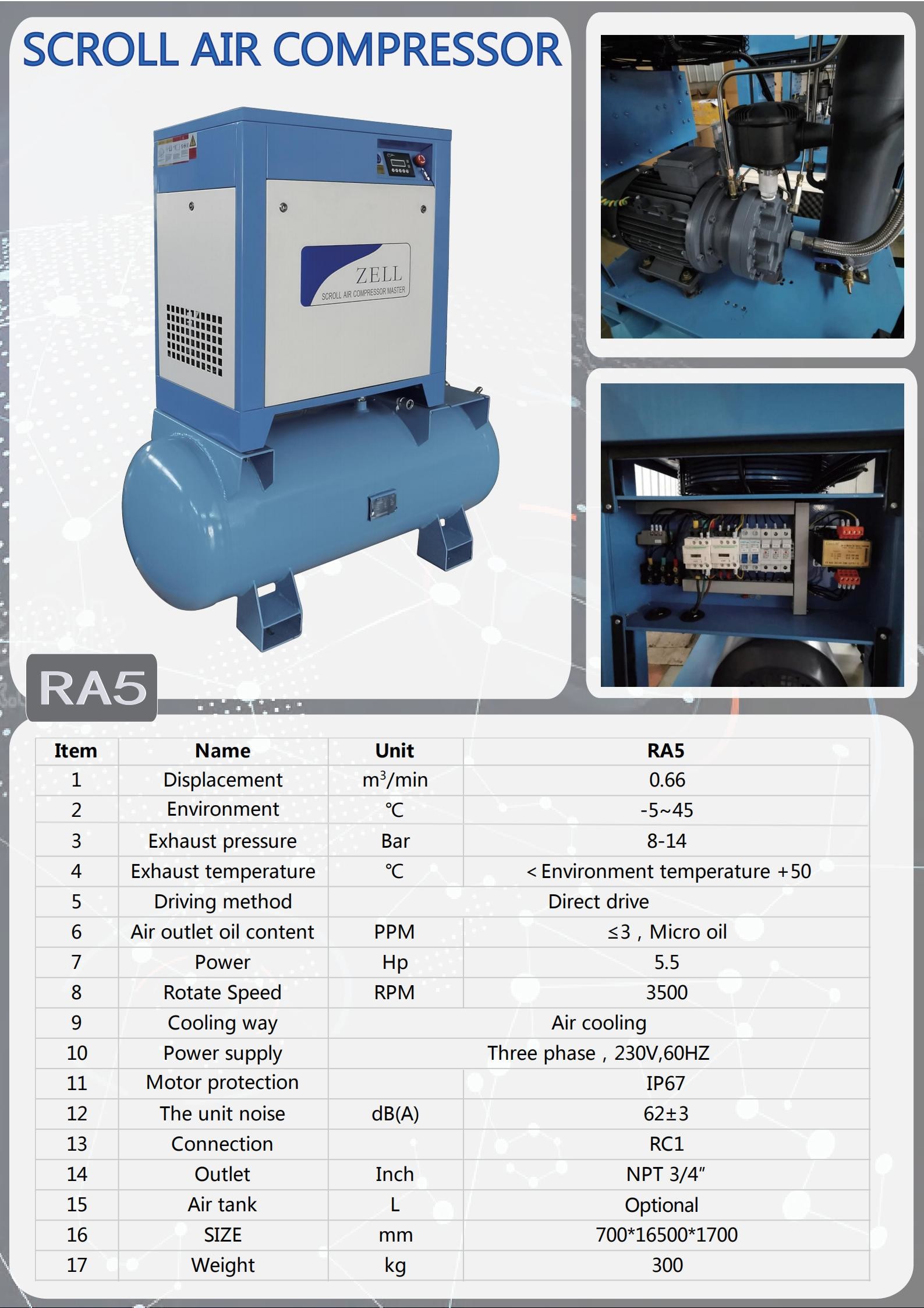 OEM High Efficiency Oil Free Scroll Type Air Compressor RA5