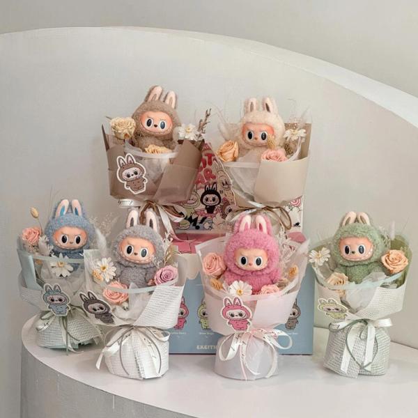 Quality Cute Finished Labubu Plush Doll Bouquet Labubu Plush Doll with Real Flowers Birthday Gift Boutique Wholesale for sale
