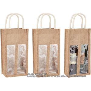 Buy cheap Burlap Wine Bottle Bag Jute Wine Tote Gift Bag With 2 Clear Window And Handle product