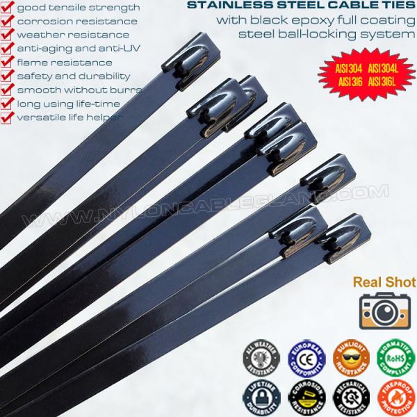 316/304 Stainless Steel Ball-lock Cable Tie 200mm x 7.9 with Black Epoxy Fully Coating (380lbs) for Outdoor Fence 316/304 Stainless Steel Ball-lock Cable Tie 200mm x 7.9 with Black Epoxy Fully Coating (380lbs) for Outdoor Fence