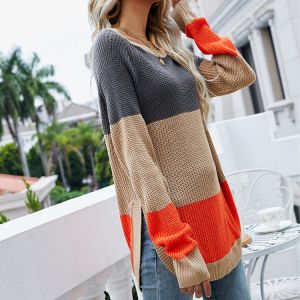 Buy cheap 2024 Autumn and Winter New Women's Top Mid length High Split Contrast Color Pullover Long sleeved Sweater from wholesalers