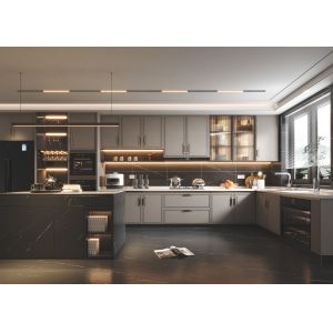 Buy cheap Modern Wood Grain Stone Surface Melamine Customized MDF Kitchen Cabinetry from wholesalers