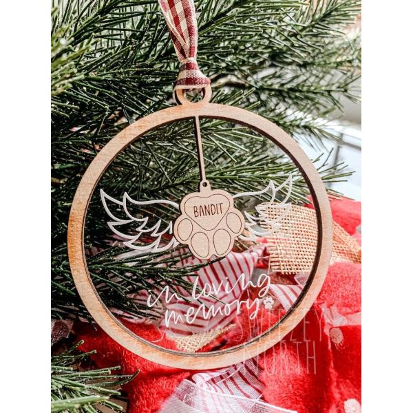 Quality Birch Wood Engraved Pet Memorial Ornament Bauble With Glitter Ribbon for sale