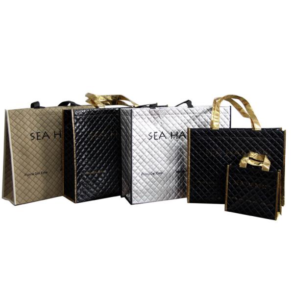 Quality 75g Shining Black Square Veins Non Woven Reuseable Carrier Bags For Shopping for sale