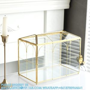 Buy cheap Glass Wedding Card Box with Slot, Large Clear Card Box Gold Brass Gift Card Storage Box with Lock for Wedding from wholesalers