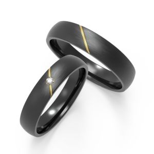 Buy cheap Custom Couple Matte Black Titanium Ring With Diagonal K Gold Inset Zircon Design from wholesalers