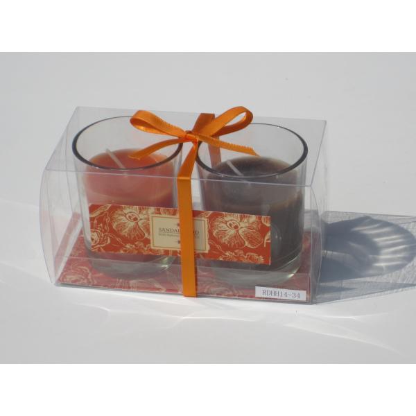 Quality 2pk Orange & Brown scented assorted glass candle with printed label,ribbon decor and packed into clear box for sale