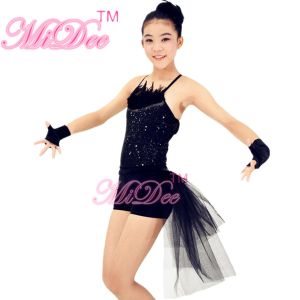 Black Swan Feather Neckline Jazz Dance Outfits With Back Side Suttle Velvet