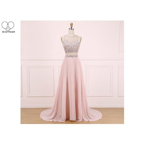 Quality Sweep Train A Line Ball Gown , Beaded Chiffon Blush Pink Prom Dress Sleeveless for sale