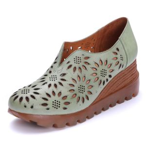Buy cheap S495 Spring And Summer New Leather Increased Thick-Soled Women'S Shoes Original Handmade Retro Hollow Carved Single Shoe from wholesalers