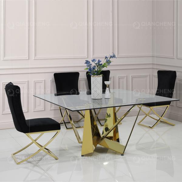 Buy cheap 100kg Square Glass Top Dining Table 150cm Stainless Steel Frame from wholesalers