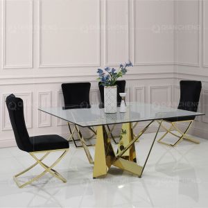 Buy cheap 100kg Square Glass Top Dining Table 150cm Stainless Steel Frame from wholesalers