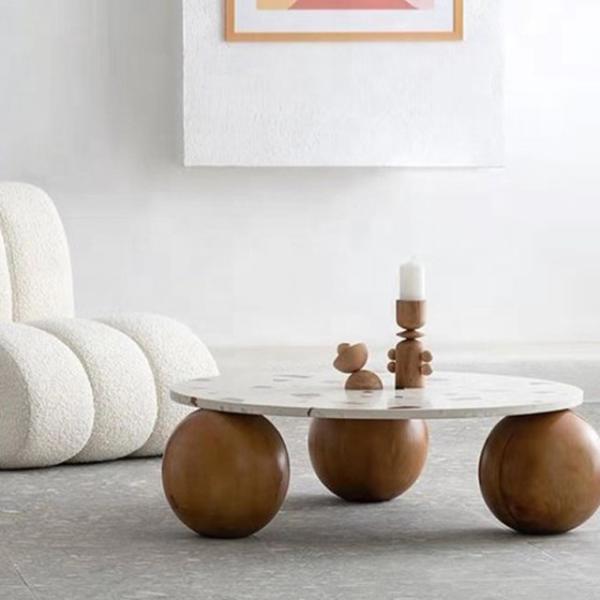 Round Marble Topped Pedestal Coffee Table Marble Plate Wooden Ball Base