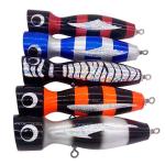 Buy cheap 3D eyes multi color 130mm 70g hard wood body handmade fishing popper wooden fishing lure wholesale from wholesalers