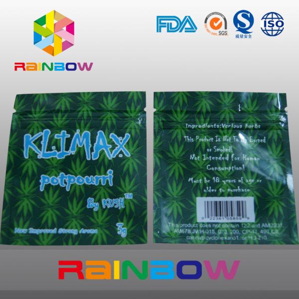 Quality 3g KUSH Customized Three Side Seal Herbal Packaging k Bag for sale