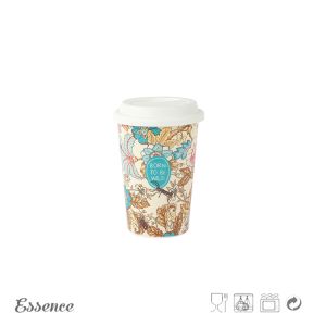 11OZ Bone China Mugs , Double Wall Design Ceramic Travel Mug With Silicone Lid