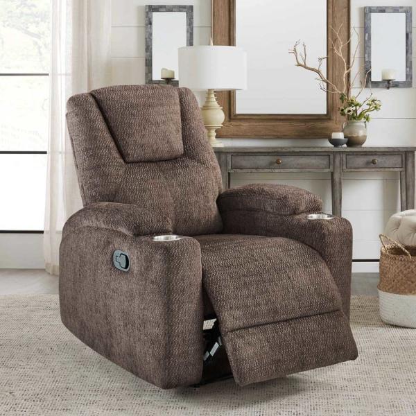Quality Recliner Chair with Stainless Steel Cup Holders, Dark Brown Fabric for sale