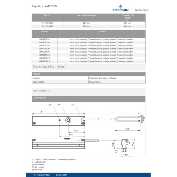 AVENTICS Series Measuring Sensor with cable SM6 R412010141 6mm Groove