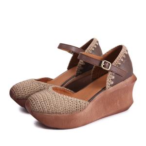 Buy cheap S509 New Style Handmade Knit Leather Women'S Shoes Literary Fashion Platform Platform Shoes Ethnic Increased Wedge Shoes from wholesalers