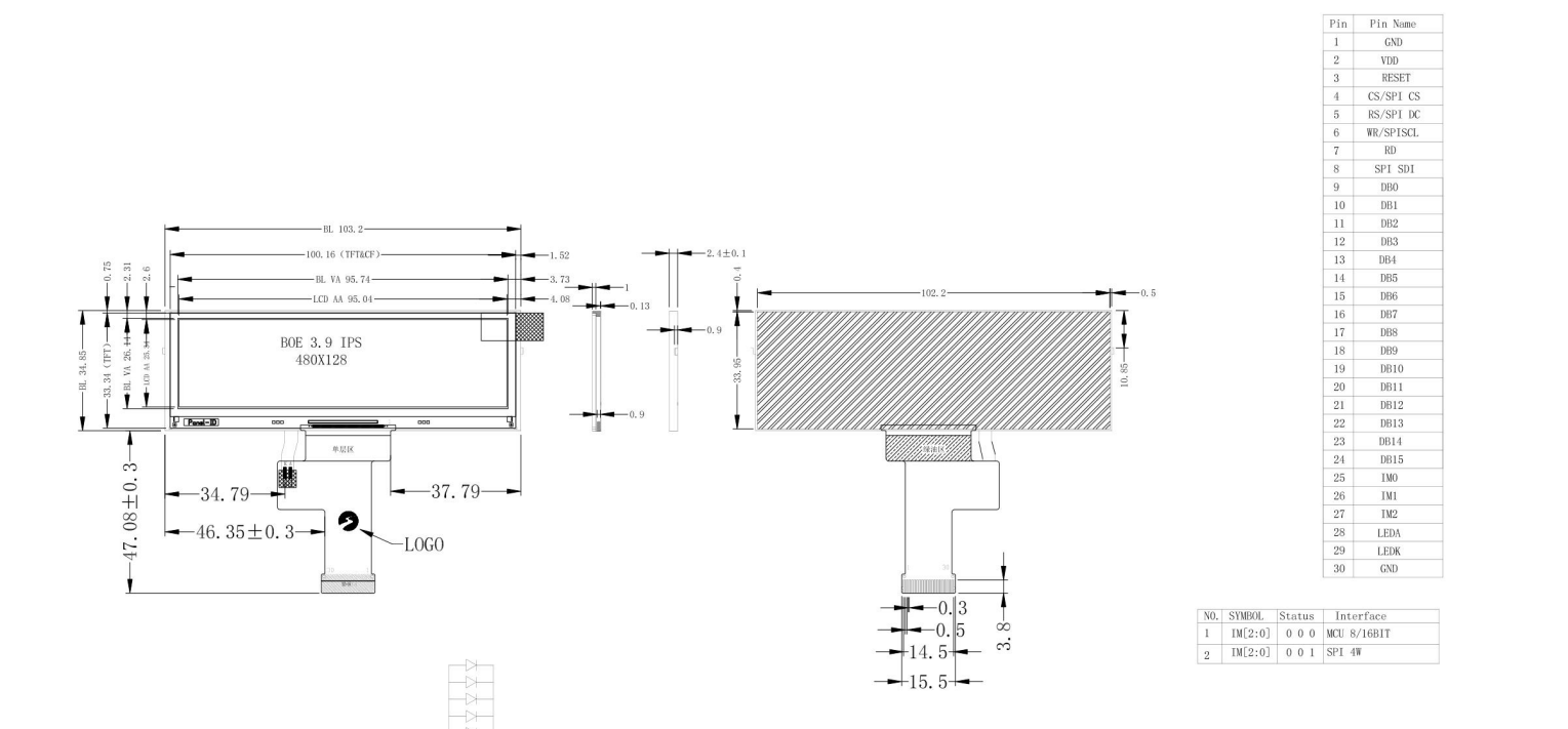 3.9 Inch Bar Type TFT LCD Display Module 480x128 Resolution With SPI MCU Interface