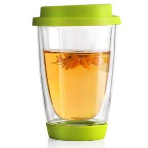 China Hand Blown 12oz Double Wall Glass Cup Reusable Tumbler With Silicone Lid on sale