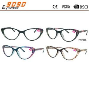Buy cheap Cat eye reading glasses with plastic hinge ,pattern in the frame and temple from wholesalers