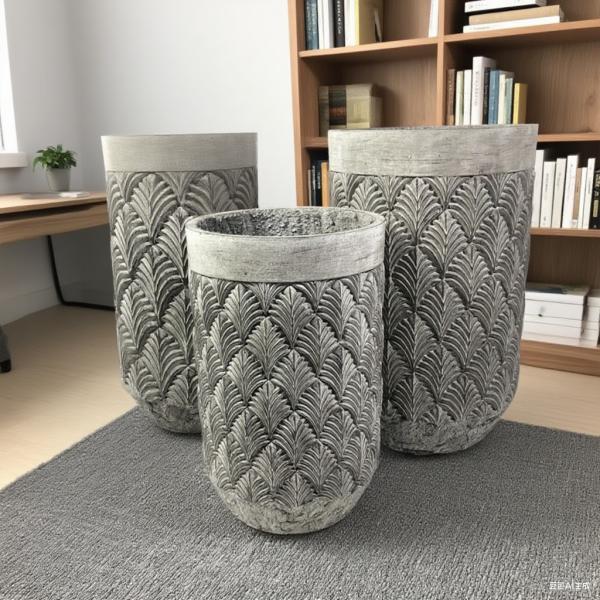 Buy cheap GRC Pot Grey Cylindrical Repetitive Palm Leaf Pattern Low-maintainence Office Decoration from wholesalers
