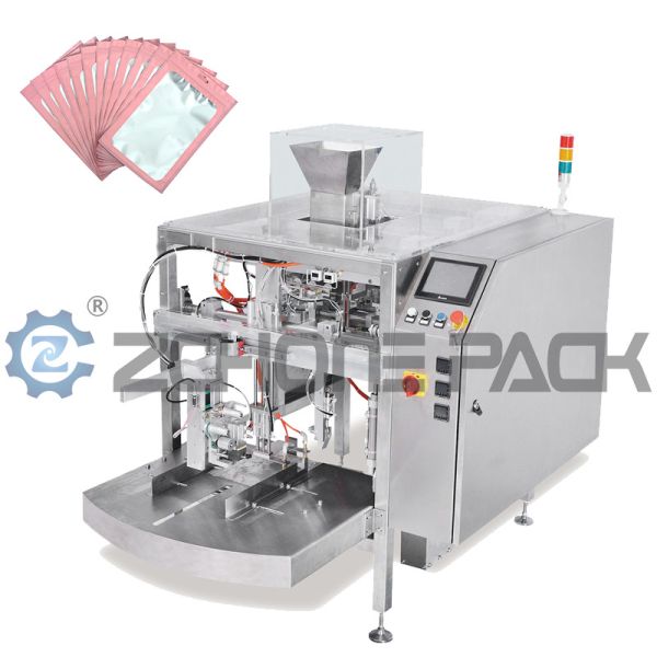 0.65Mpa Mini Pouch Packaging Machine , Multifunctional Premade Bag Packing