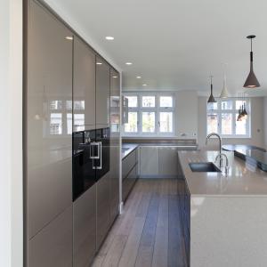 Buy cheap Ready To Assemble Handless Design Champagne High Gloss Acrylic Board German Kitchen Cabinet With Island from wholesalers