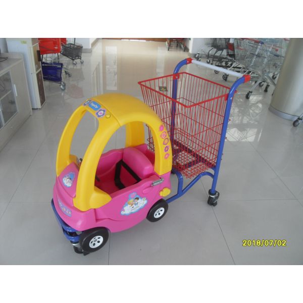 Red And Yellow Childrens Shopping Trolley With Rear Basket And 4 Swivel Flat