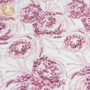 Buy cheap Wedding Dress Pink Heavy Beaded Lace Fabric Customized 20% Polyester from wholesalers