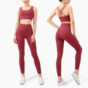 Buy cheap Cross Back Yoga Set Clothes Gathered Belly Matching Sports Bra And Leggings Set from wholesalers