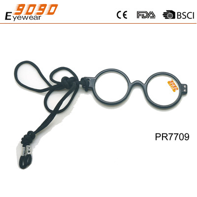 2018 new design round reading glasses ,without temple only string ,made of PC