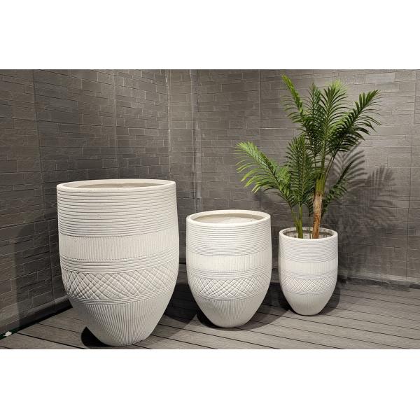 Hotselling White Textured Bands Round Fiber Clay Planter Deluxe Decoration Project