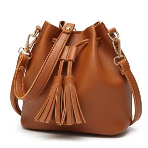 Buy cheap Crossbody Brown Macrame PU Leather Drawstring Bucket Bag from wholesalers