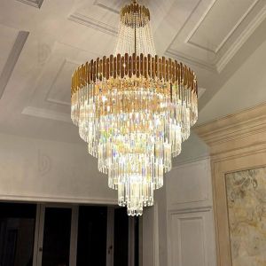 E12 Rustproof Modern Crystal Lobby Chandelier Brushed Gold Dining Room