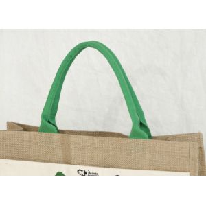 Green Handle Personalised Jute Bags Natural Color Customized Patterns
