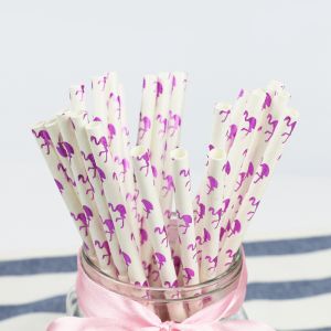 Flamingo Pattern Gold Biodegradable Paper Straws , Disposable Paper Spoon Straws