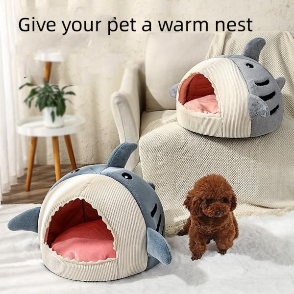 Quality Fall Winter Fish Cat Bed Pet Universal Warm Villa Semi Enclosed Shark Shaped Dog Nest for sale