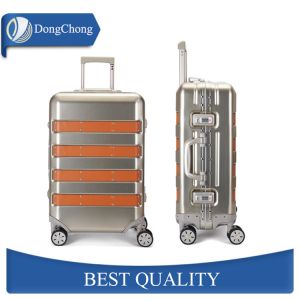China Deep Drawn Aluminum Cabin Luggage , Aluminum Travel Suitcase With Leather Strips on sale